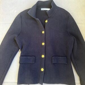Zara Women's Dark Blue Cardigan with Yellow Buttons